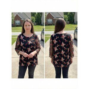 Charter Club Floral Embroidered Black Mesh Top XL 3/4 Bell Sleeve Lined Boho